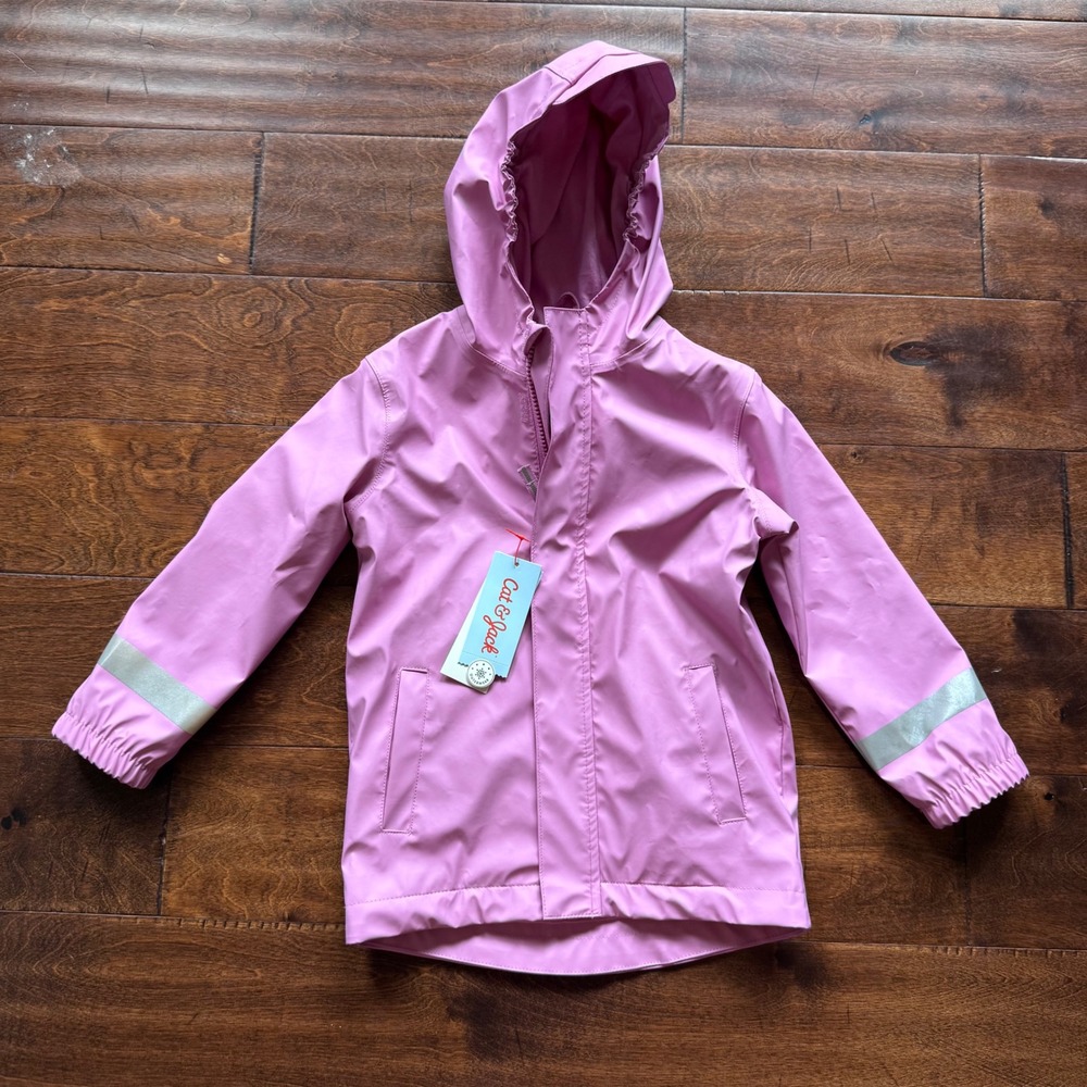 Cat & Jack Girls Pink Hooded Rain Jacket Water Resistant Reflective 5T NEW - Picture 2 of 10